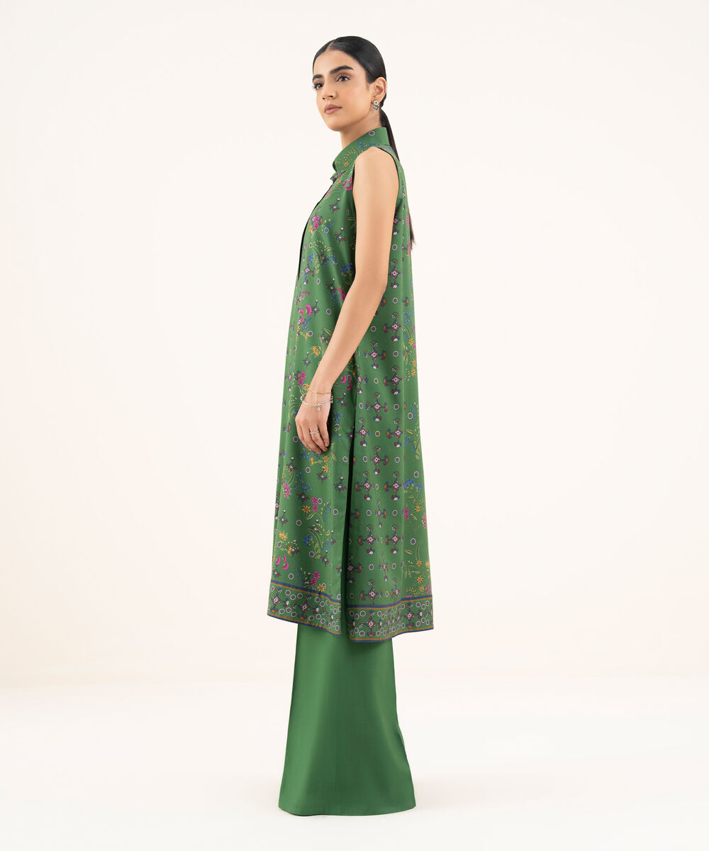 Women's Unstitched Cotton Printed Green 2 Piece Suit