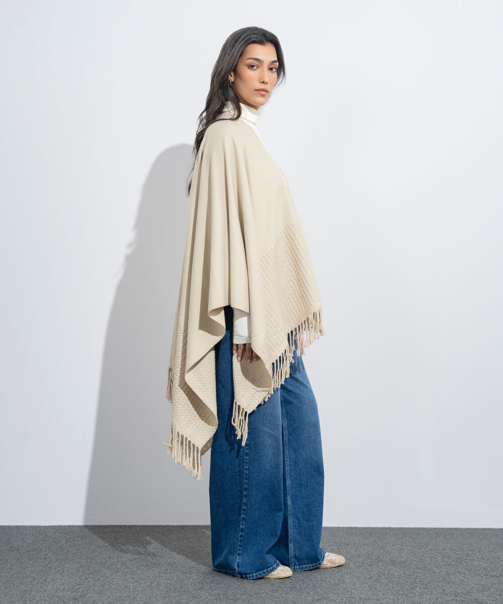 Women's Western Wear Beige Textured Cape Shawl