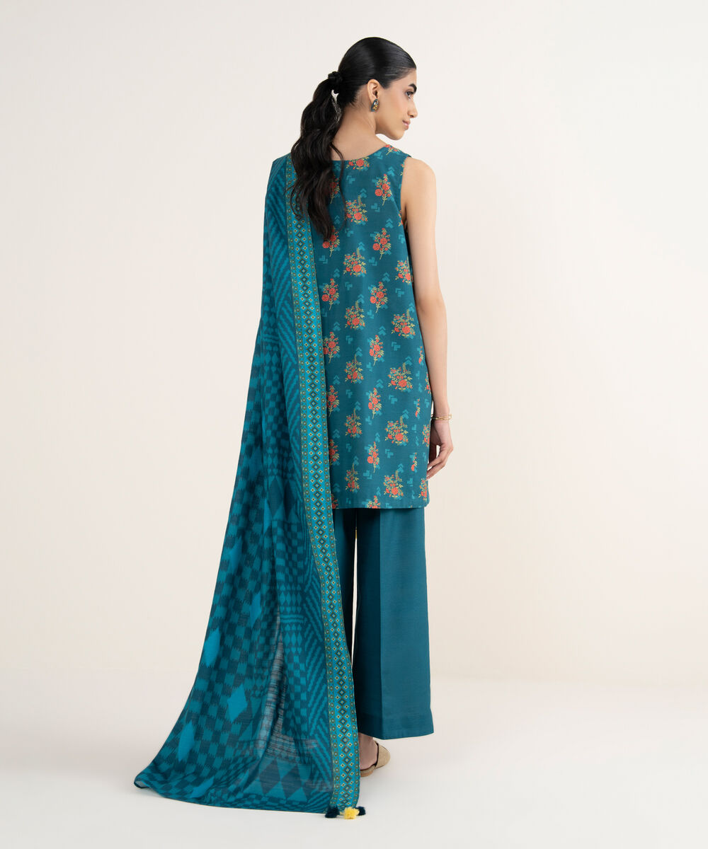 Women's Unstitched Printed Khaddar Teal 3 Piece Suit