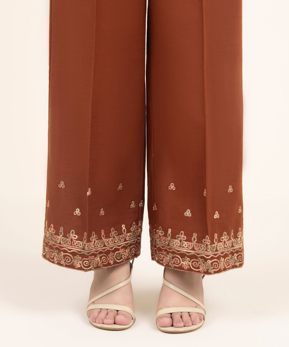 Women's RTW Khaddar Embroidered Brown Culottes