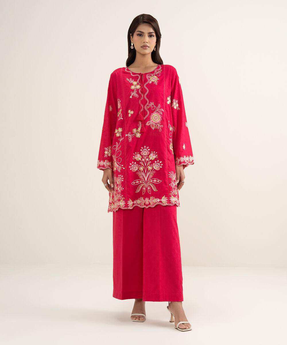 Women's RTW Self Jacquard Embroidered Pink Straight Shirt