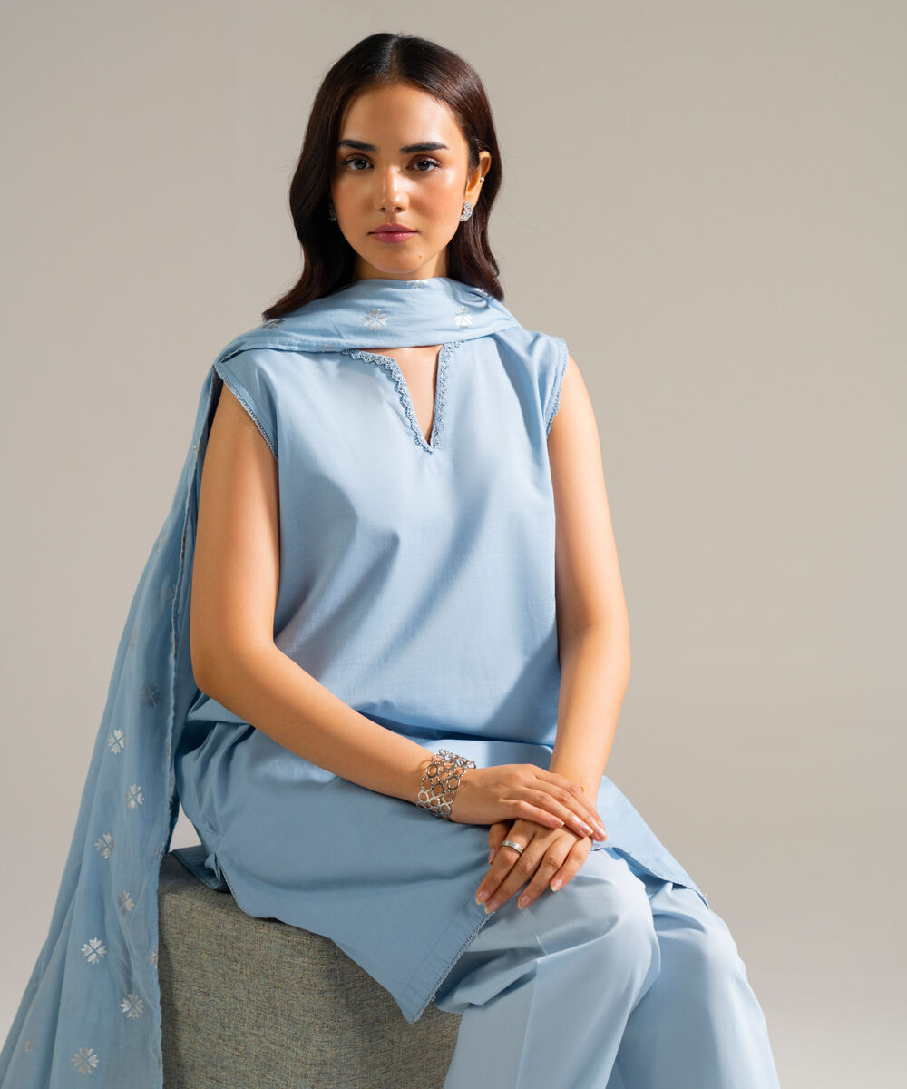 Women's RTW Slub Lawn Solid Blue 3 Piece Suit