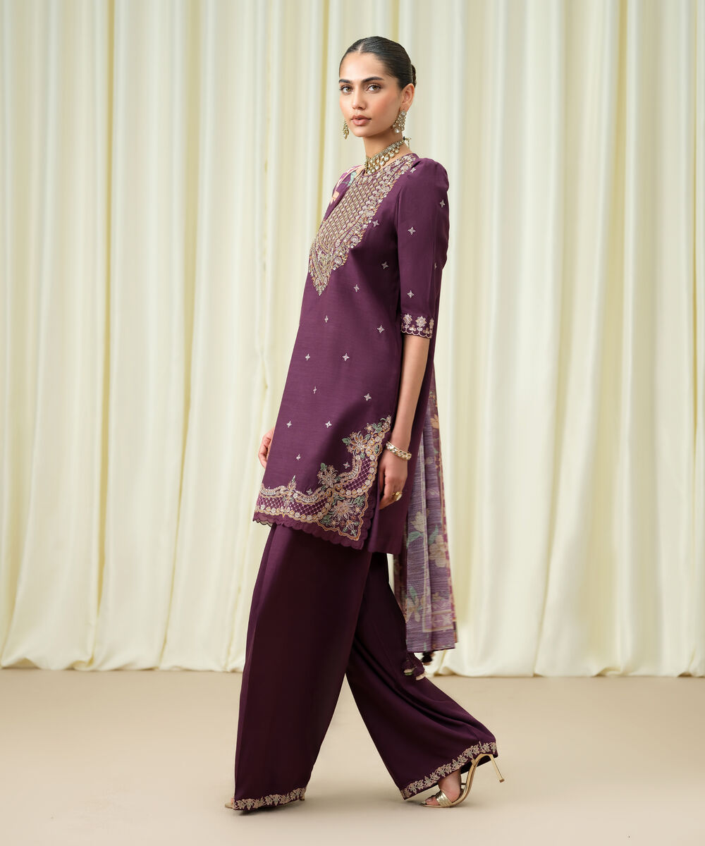 Women's Unstitched Viscose Raw Silk Embroidered Purple 3 Piece Suit