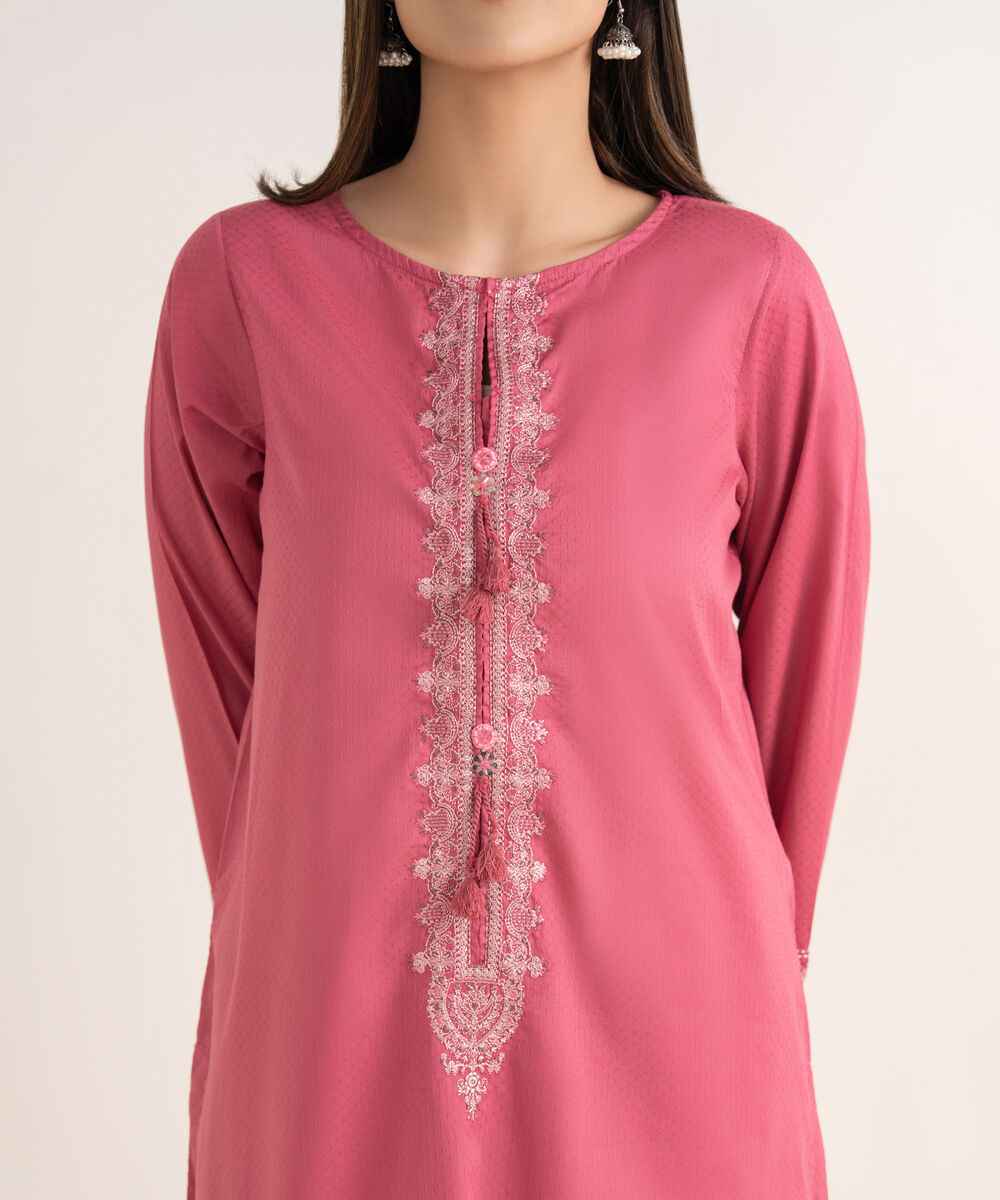Women's RTW Textured Cotton Pink Embroidered A-Line Shirt