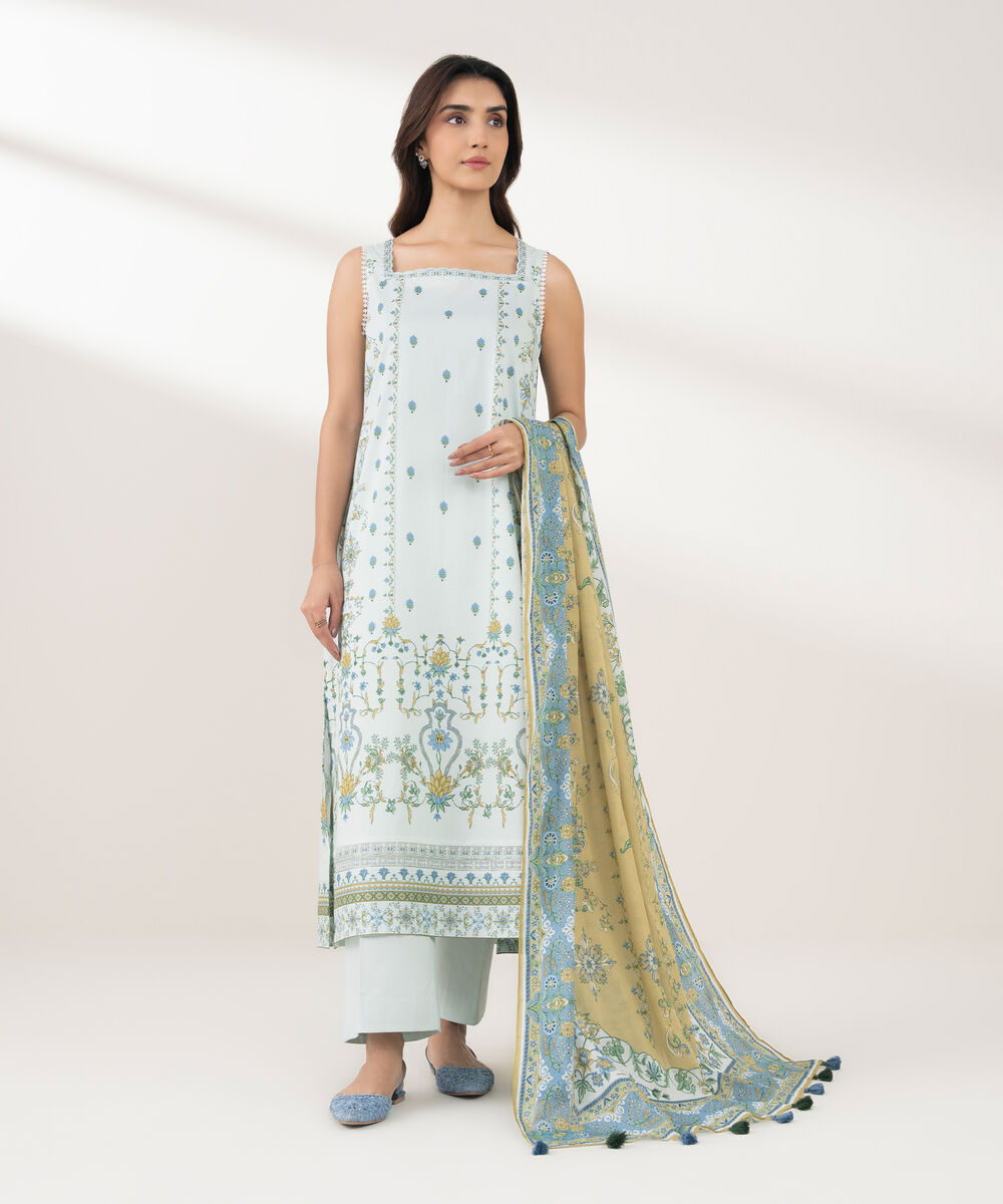 Women's Unstitched Lawn Printed Blue 3 Piece Suit