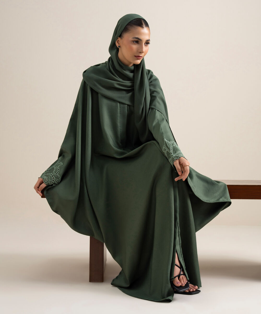Women's Emerald Green Embroidered Kaftan Abaya Set