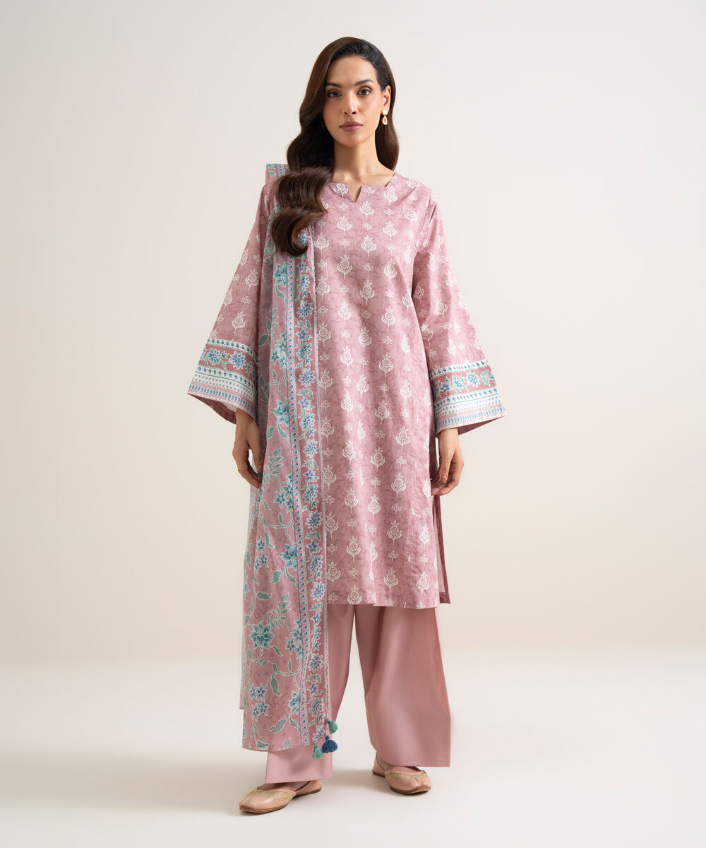 Women's Unstitched Lawn Printed Pink 3 Piece Suit