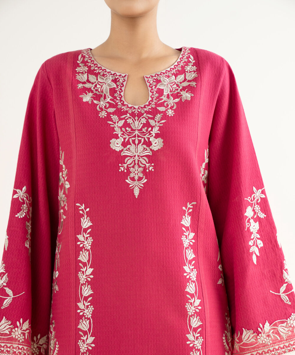 Women's Unstitched Dobby Embroidered Pink 3 Piece Suit