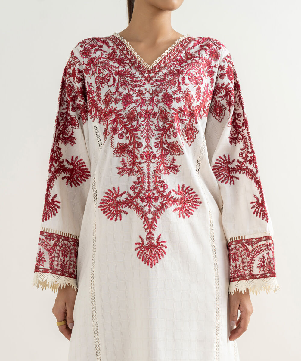 Women's RTW Textured Cotton Off White Embroidered A-Line Shirt