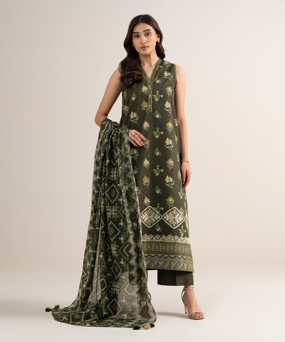 Women's Unstitched Cotton Embroidered Green 3 Piece Suit