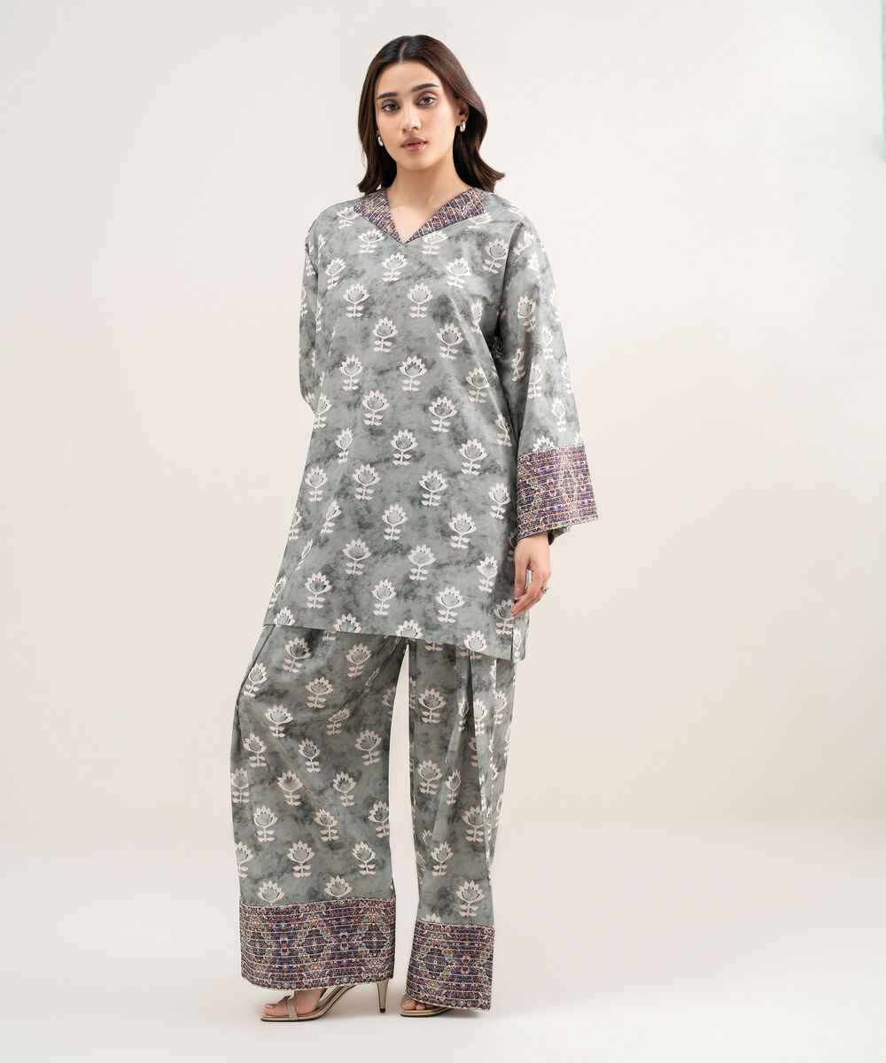 Women's Unstitched Lawn Printed Grey 2 Piece Suit