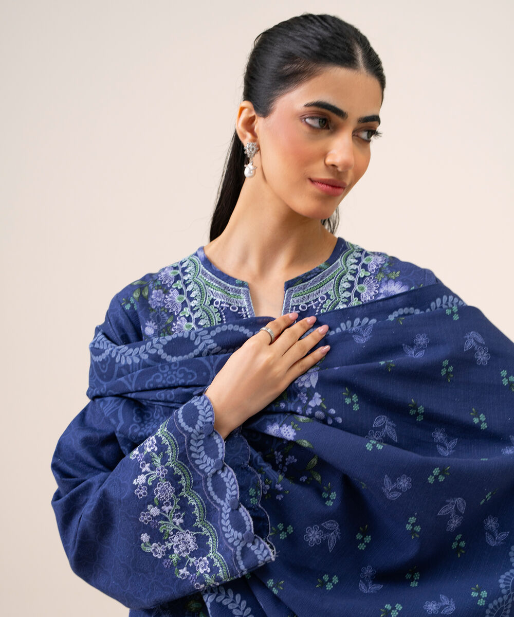 Women's Unstitched Light Khaddar Embroidered Dark Blue 3 Piece Suit
