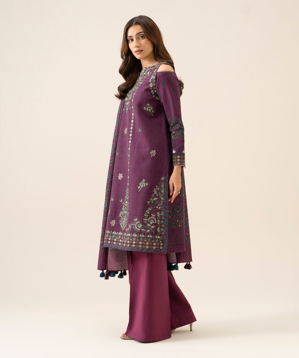 Women's Unstitched Light Khaddar Embroidered Plum 3 Piece Suit