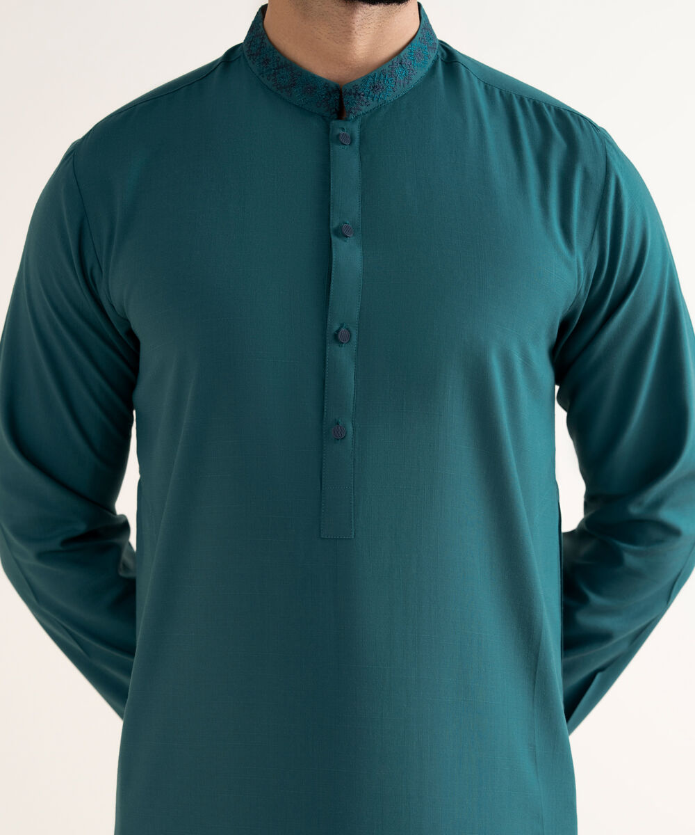 Men's Textured Wash & Wear Embroidered Blue Kurta Trouser