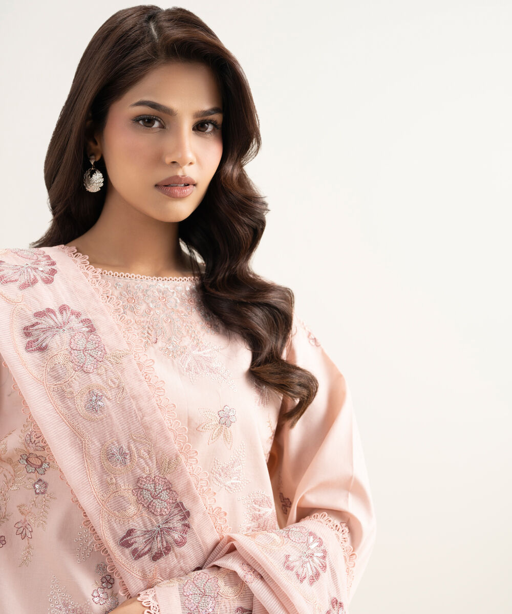 Women's Unstitched Lawn Embroidered Pink 3 Piece Suit