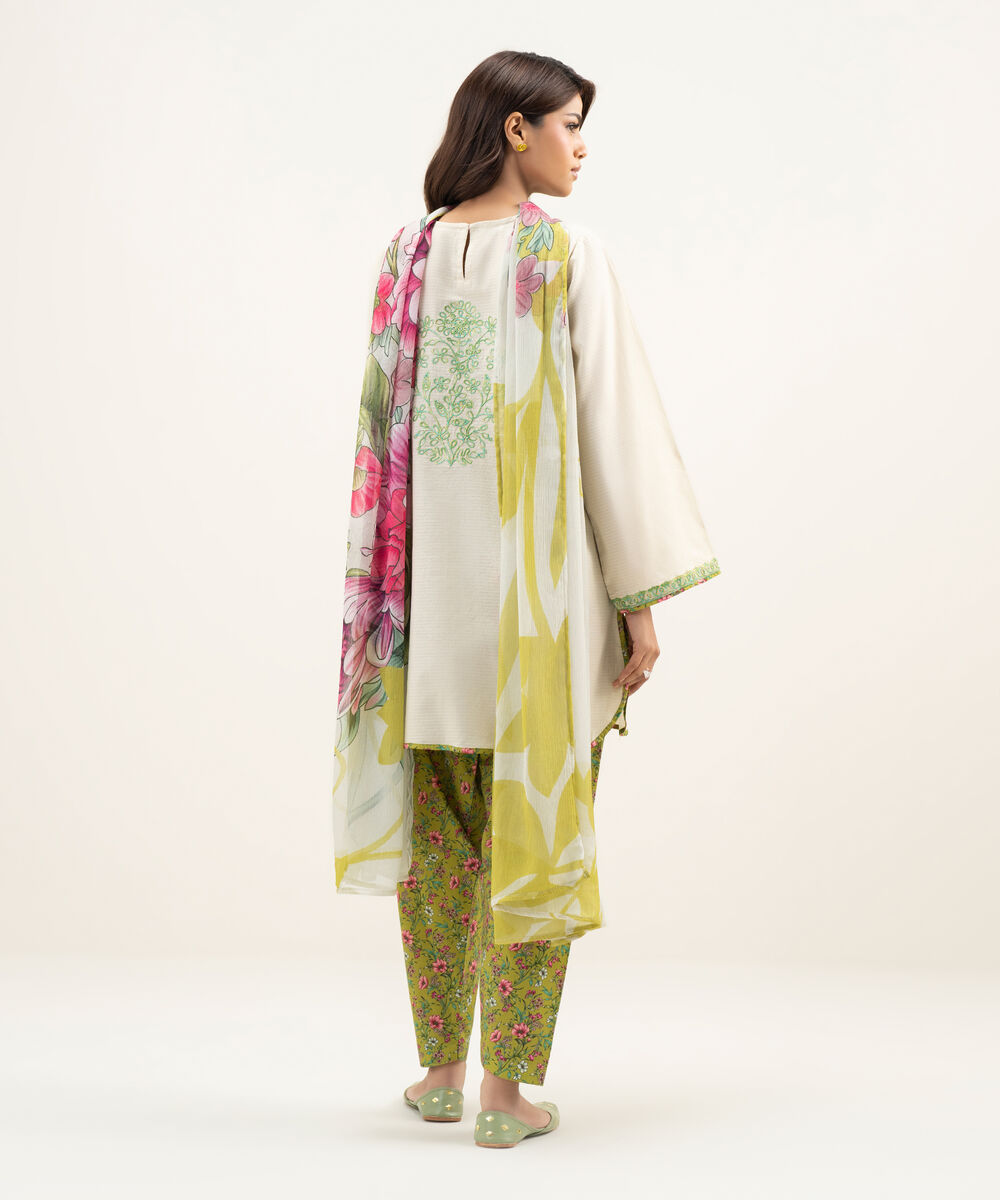 Women's RTW Dobby Embroidered Off White 3 Piece Suit