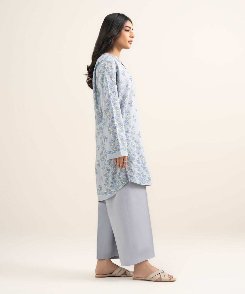 Women's RTW Cotton Viscose Printed Blue Straight Shirt