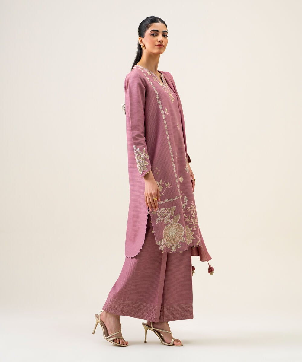 Women's Unstitched Zari Khaddar Embroidered Light Pink 3 Piece Suit