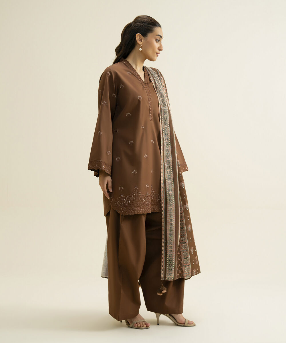 Women's Unstitched Lawn Embroidered Brown 3 Piece Suit