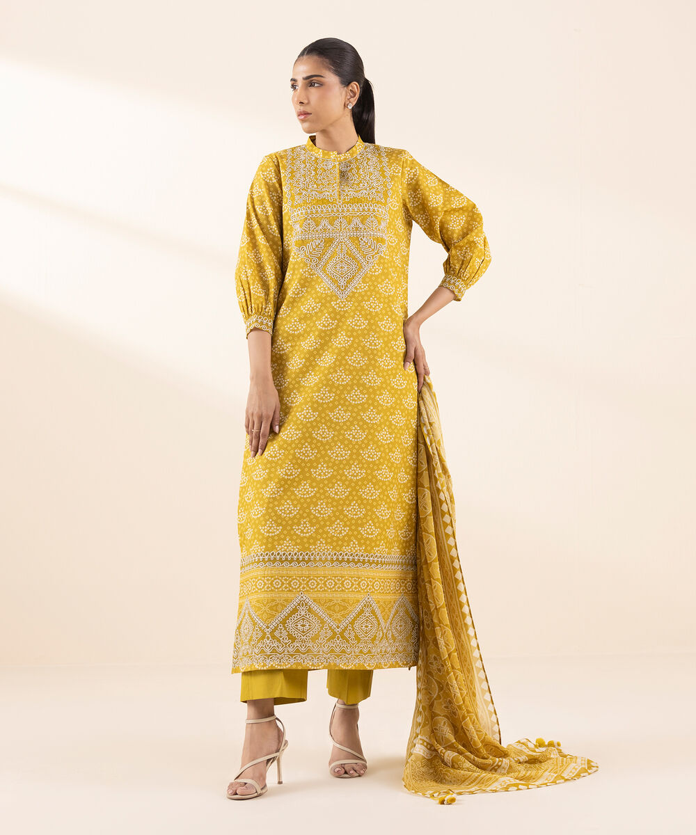 Women's Unstitched Lawn Embroidered Yellow 3 Piece Suit