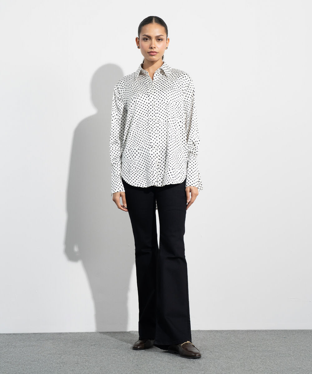 Women's Western Cream And Black Polka Dot Satin Shirt