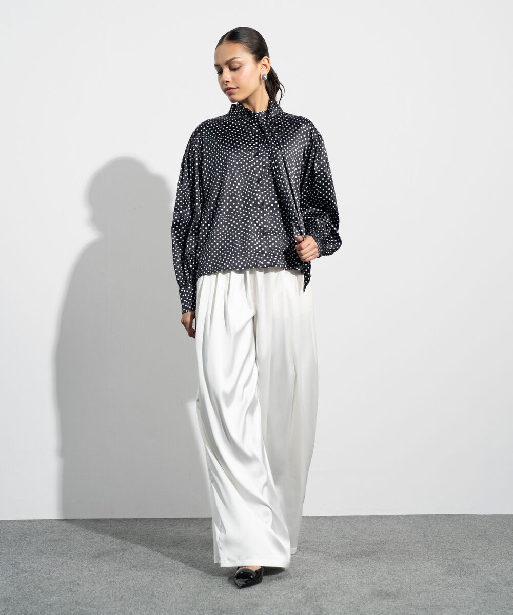 Women's Western Black And White Polka Dot Satin Blouse