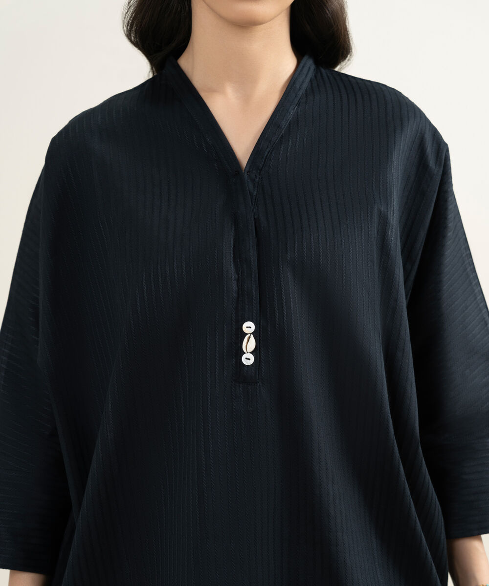 Women's RTW Dobby Solid Black Drop Shoulder Shirt