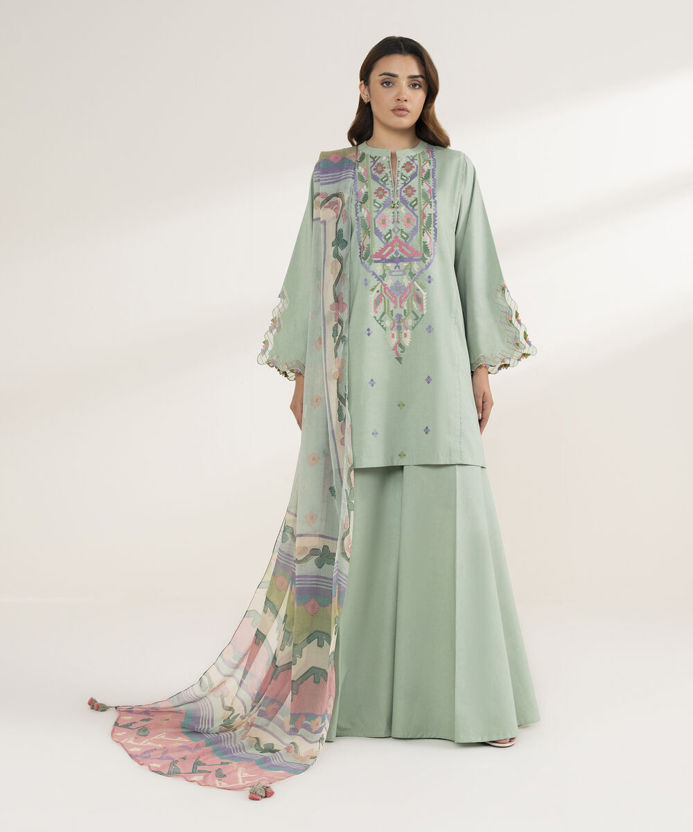 Women's Unstitched Cotton Viscose Embroidered Green 3 Piece Suit