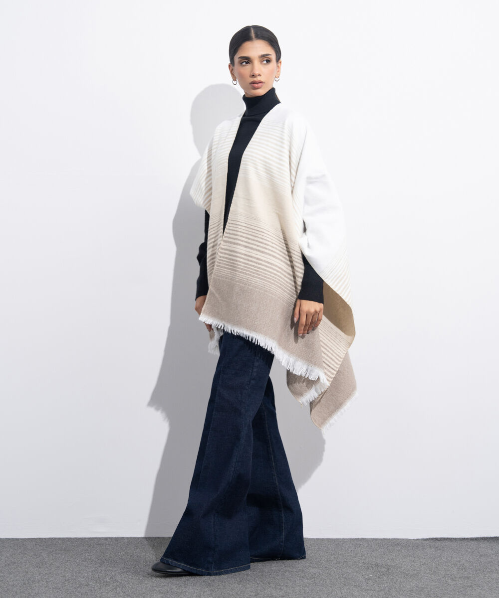 Women's Western Wear Beige & Off White Striped Cape Shawl