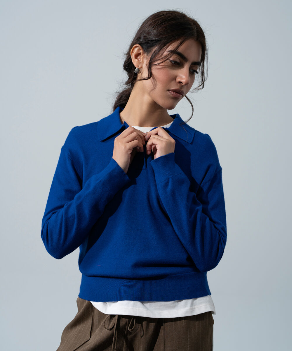 Women's Western Wear Cobalt Blue Polo Neck Knit Sweater