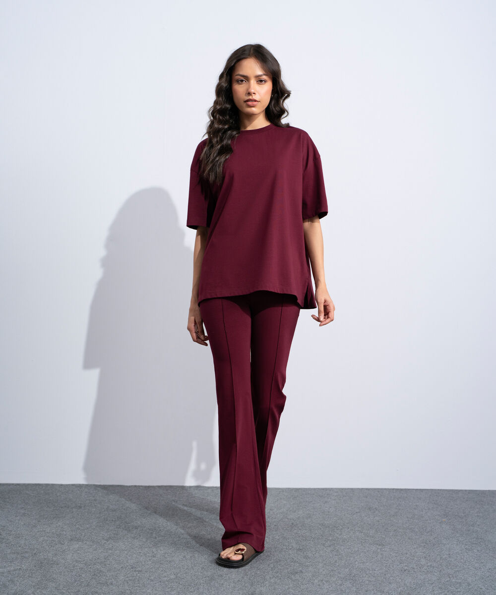 Women's Western Burgundy Stretchy Flared Trousers