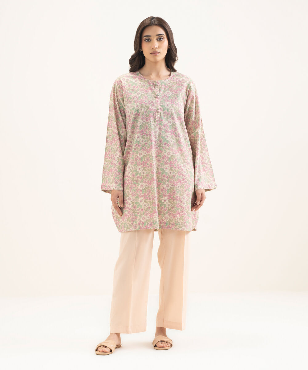 Women's RTW Cotton Viscose Printed Pink Drop Shoulder Shirt