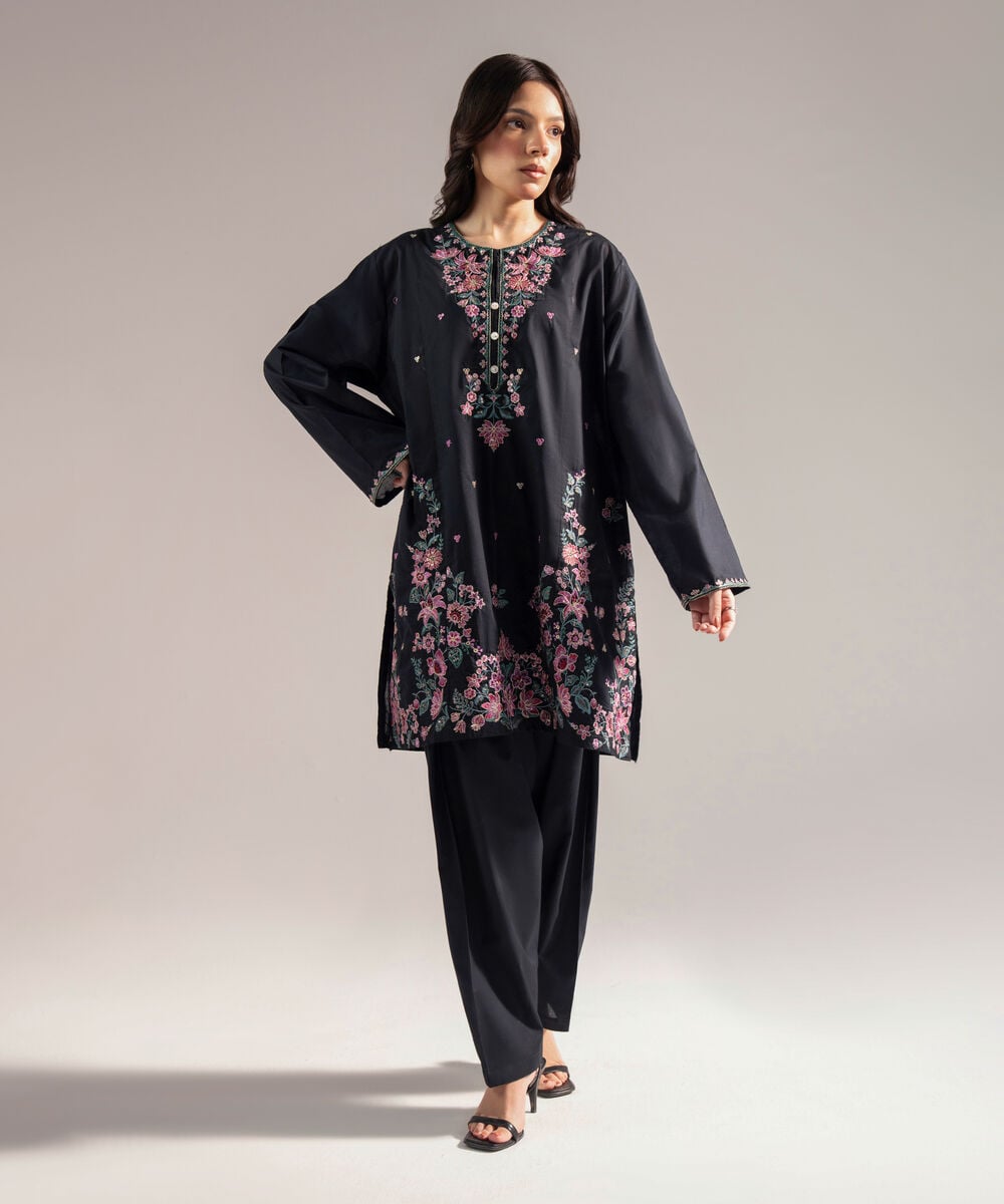 Women's RTW Slub Lawn Embroidered Straight Black Shirt