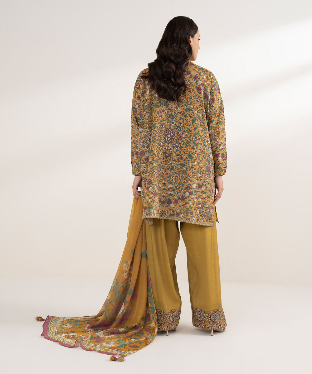 Women's Unstitched Blended Grip Silk Printed Yellow 3 Piece Suit