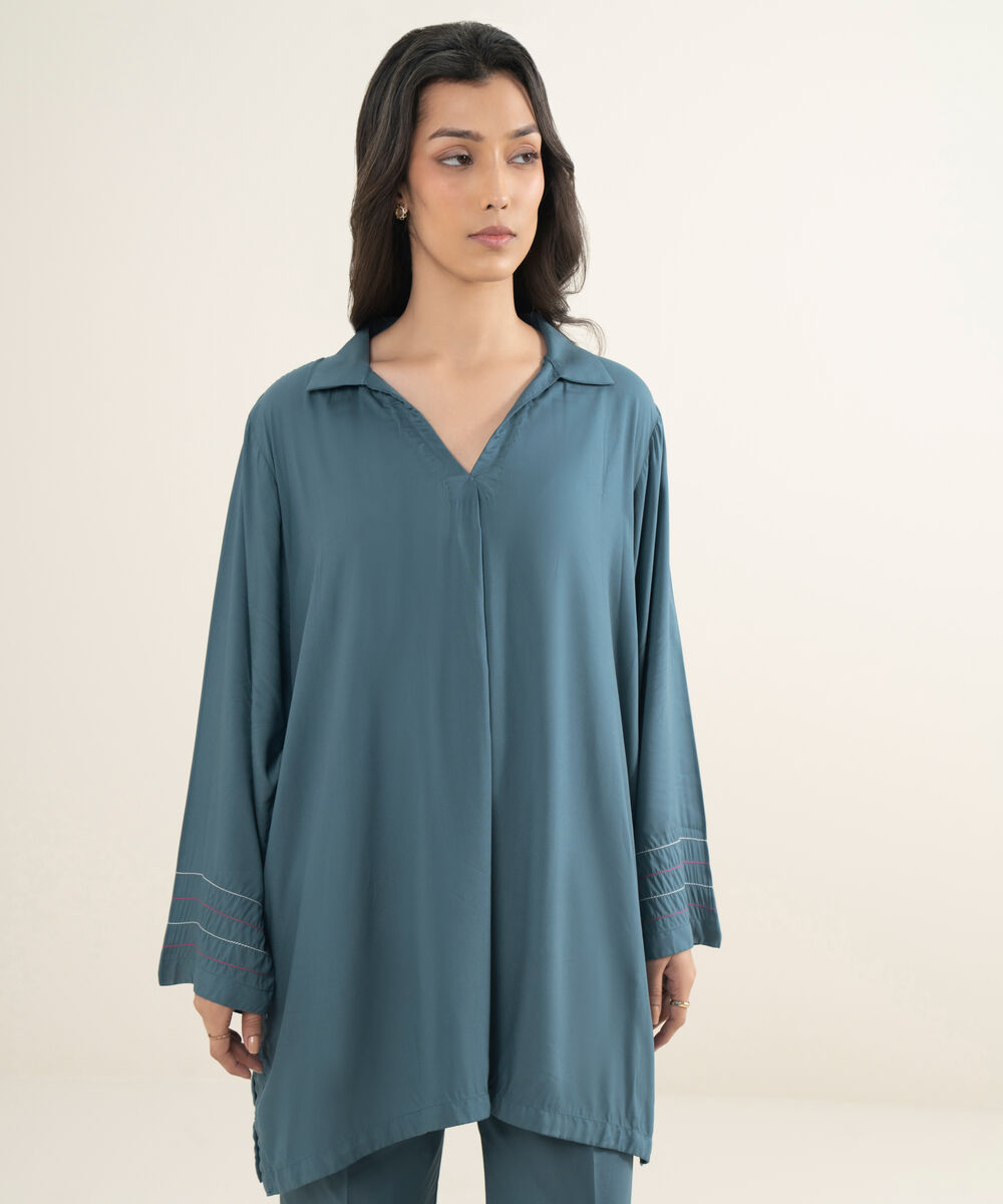 Women's RTW Arabic Lawn Solid Teal Drop Shoulder Shirt