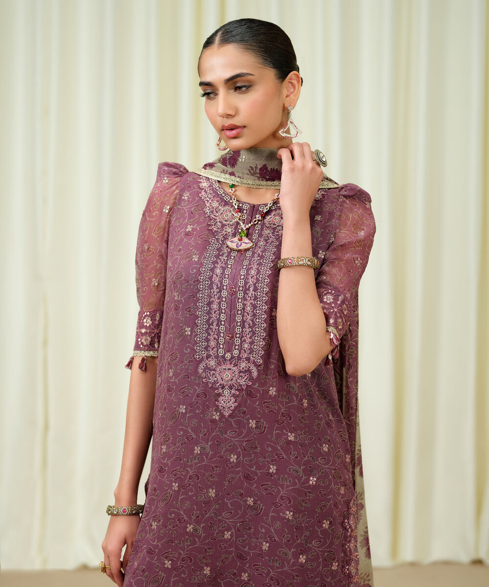 Women's Unstitched Blended Chiffon Embroidered Purple 3 Piece Suit