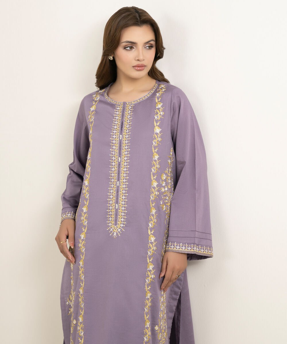 Women's RTW Dobby Embroidered Lilac A-Line Shirt