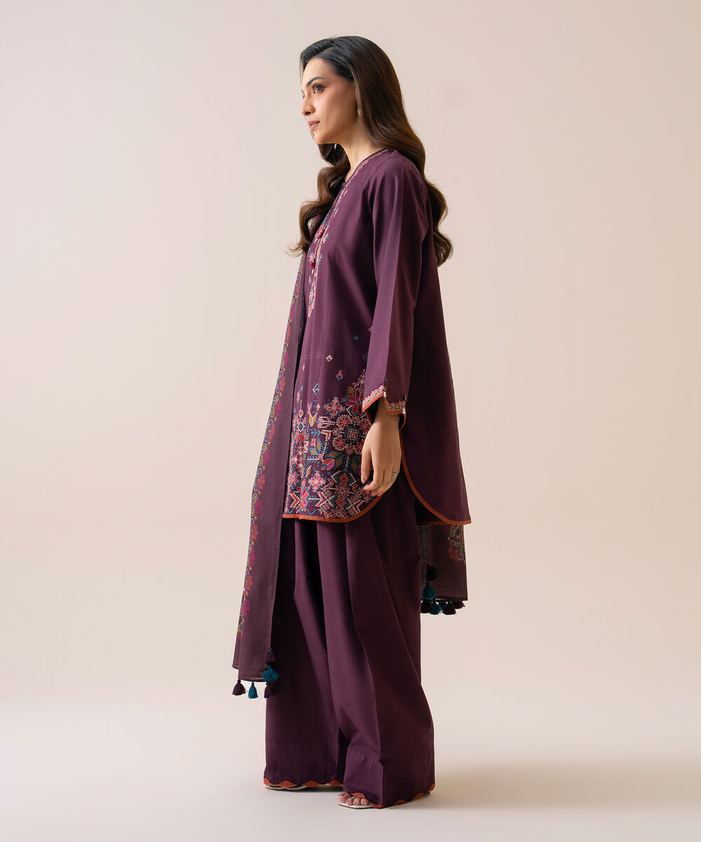 Women's Unstitched Light Khaddar Embroidered Plum 3 Piece Suit