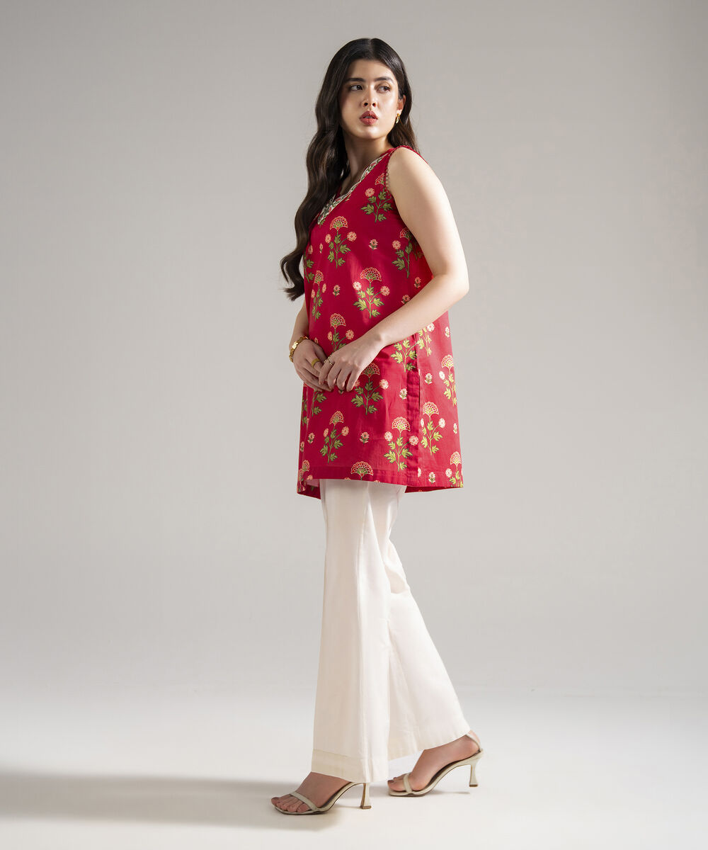 Women's RTW Slub Lawn Printed Red Straight Shirt