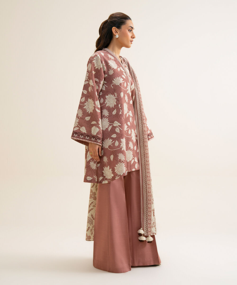 Women's Unstitched Lawn Printed Brown 3 Piece Suit
