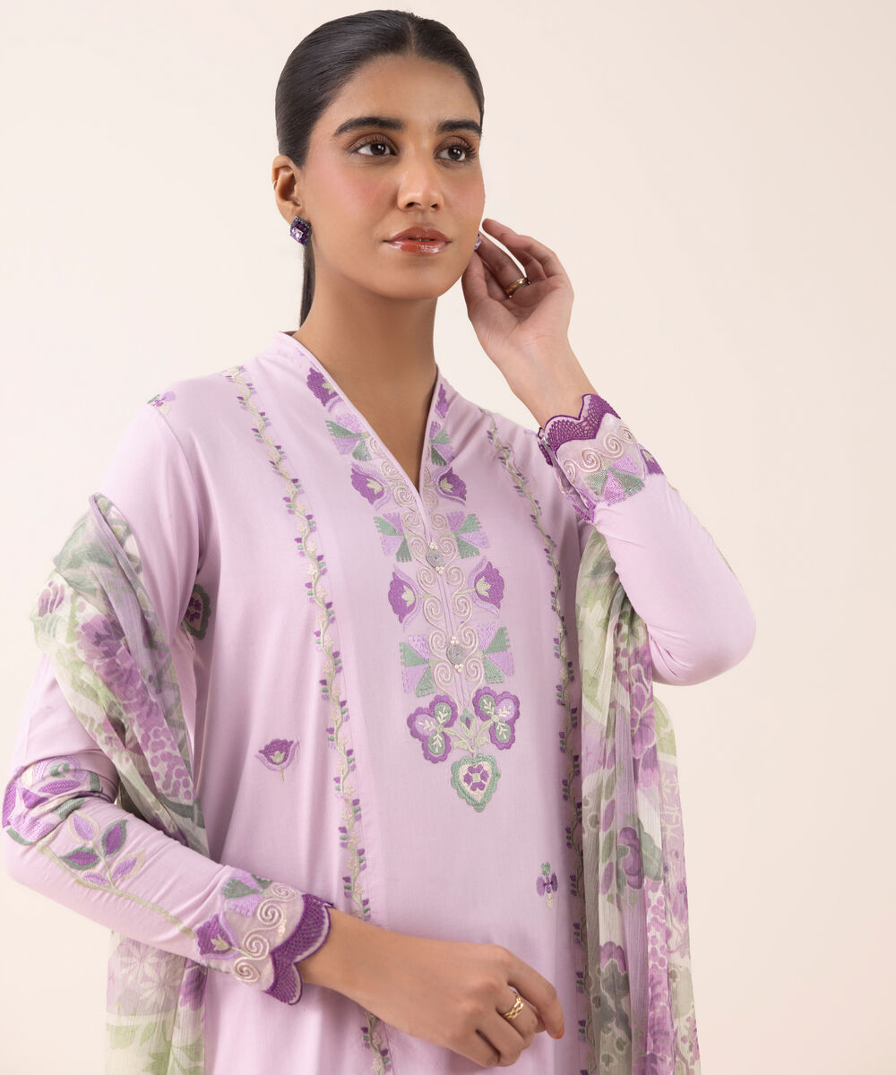 Women's Unstitched Textured Lawn Embroidered Purple 3 Piece Suit