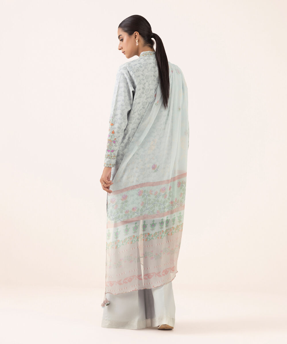 Women's Unstitched Jacquard Embroidered Aqua Three Piece Suit