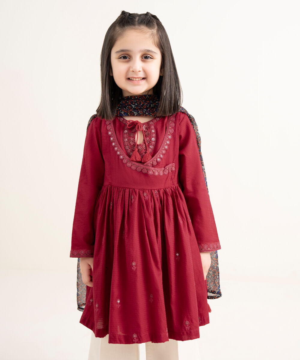 Girls Two Piece Embroidered Textured Lawn Shirt Dupatta