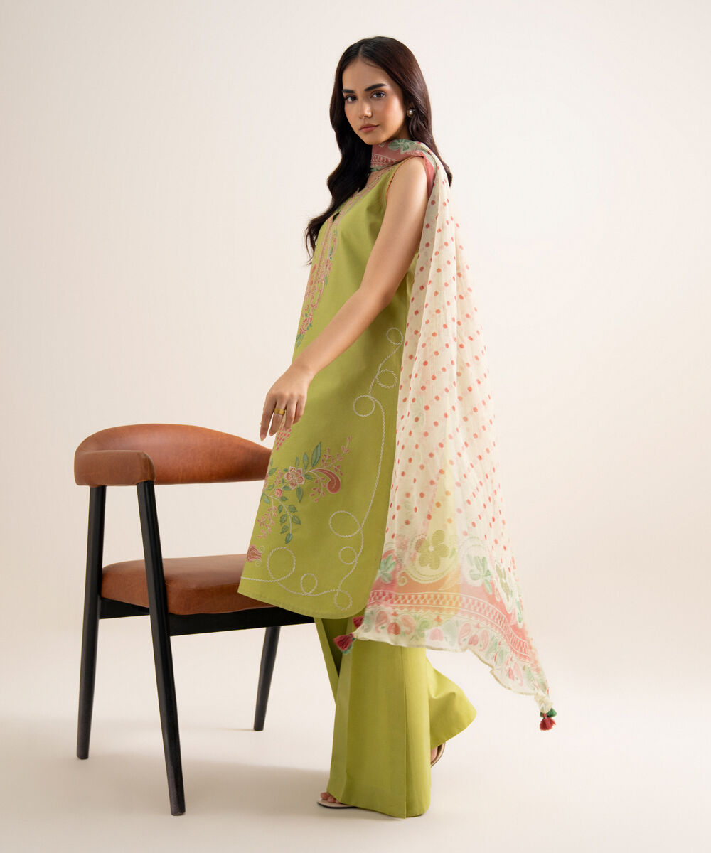 Women's Unstitched Embroidered Textured Lawn Parrot Green 3 Piece Suit