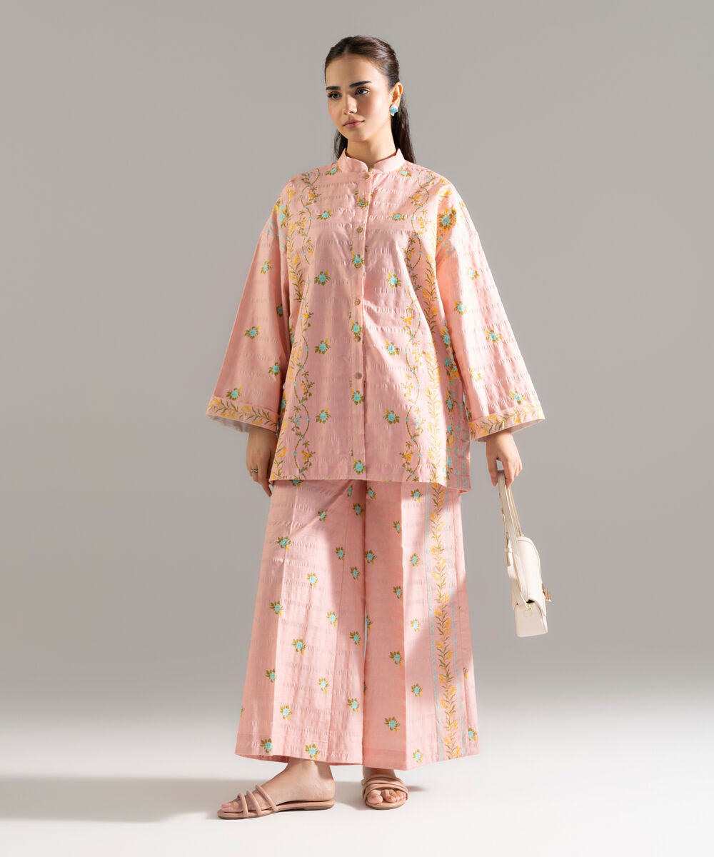 Women's RTW Seersucker Printed Pink Drop Shoulder Shirt