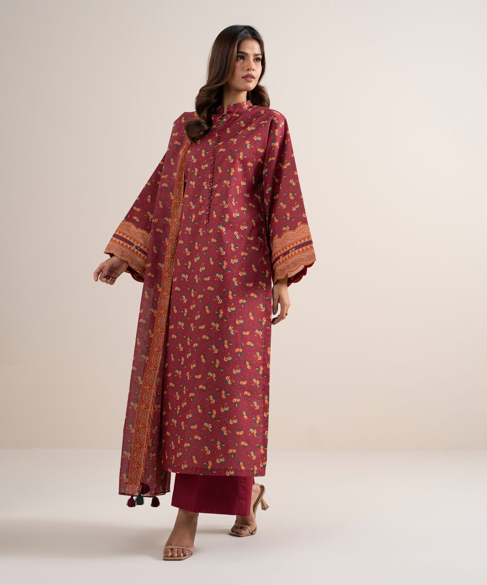 Women's Unstitched Lawn Printed Red 3 Piece Suit