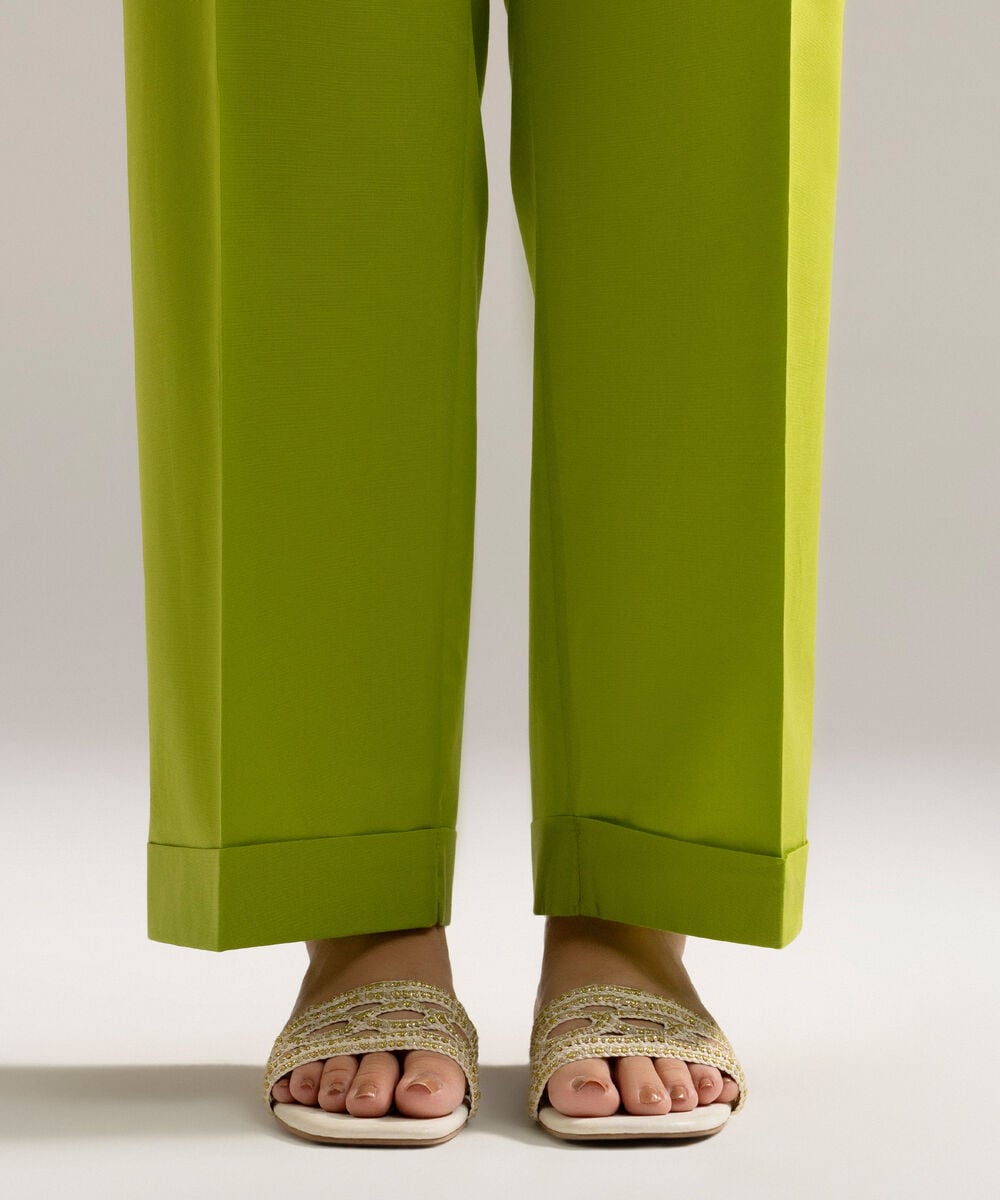 Women's RTW Cambric Solid Green Straight Pants