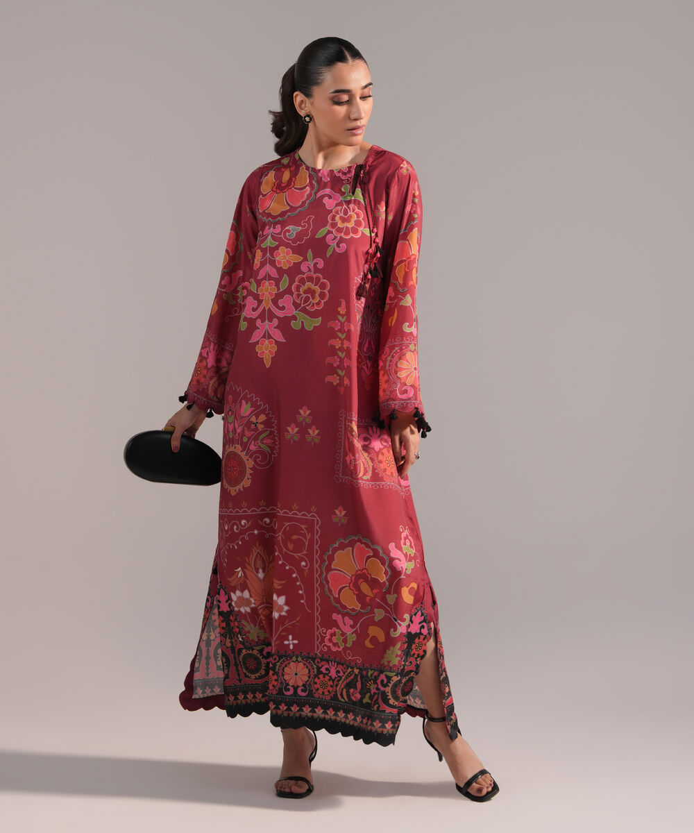 Women's RTW Blended Grip Silk Printed Red A-Line Shirt