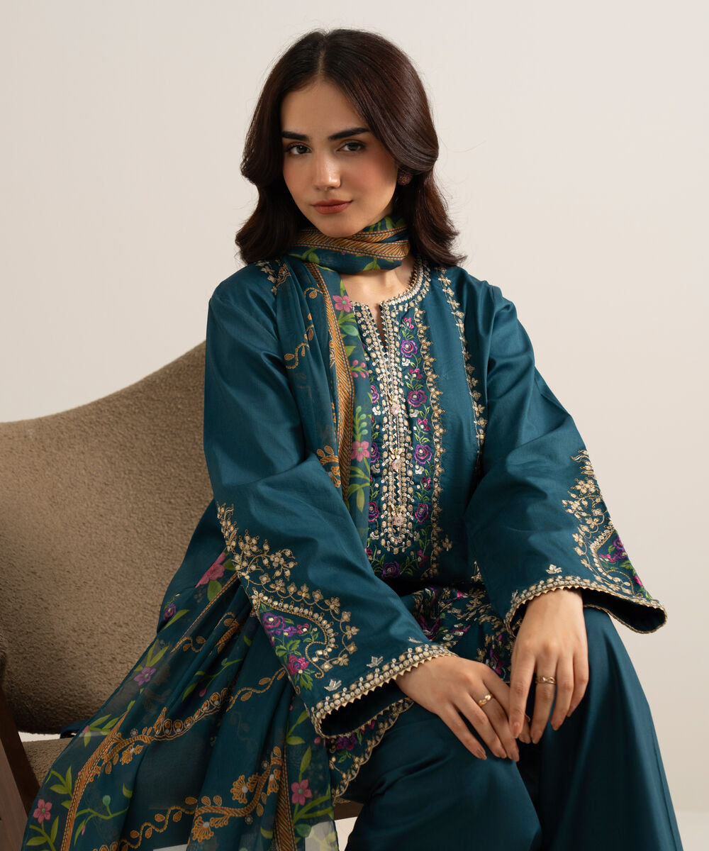 Women's Unstitched Embroidered Cotton Viscose Teal Green 3 Piece Suit