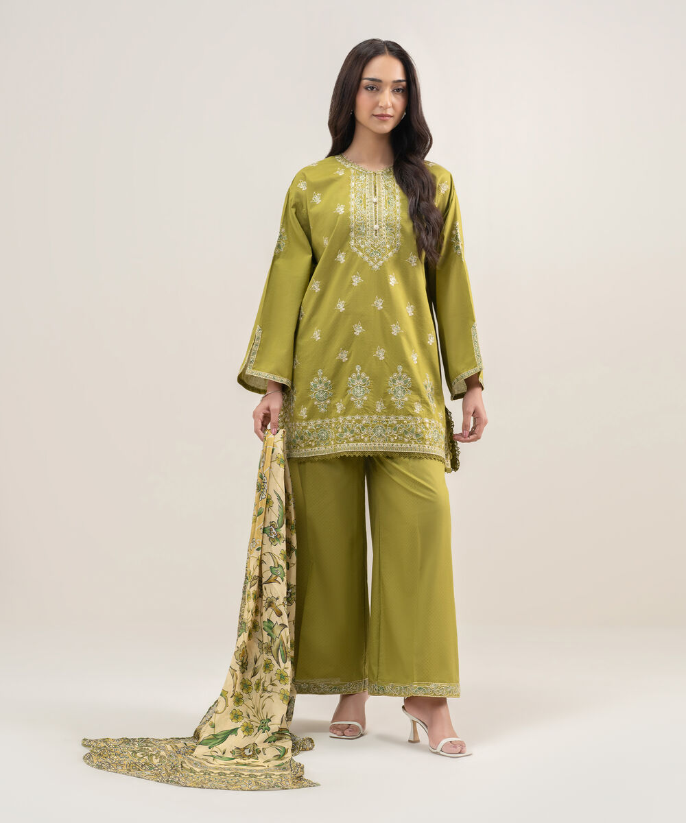 Women's RTW Dobby Embroidered Green 3 Piece Suit